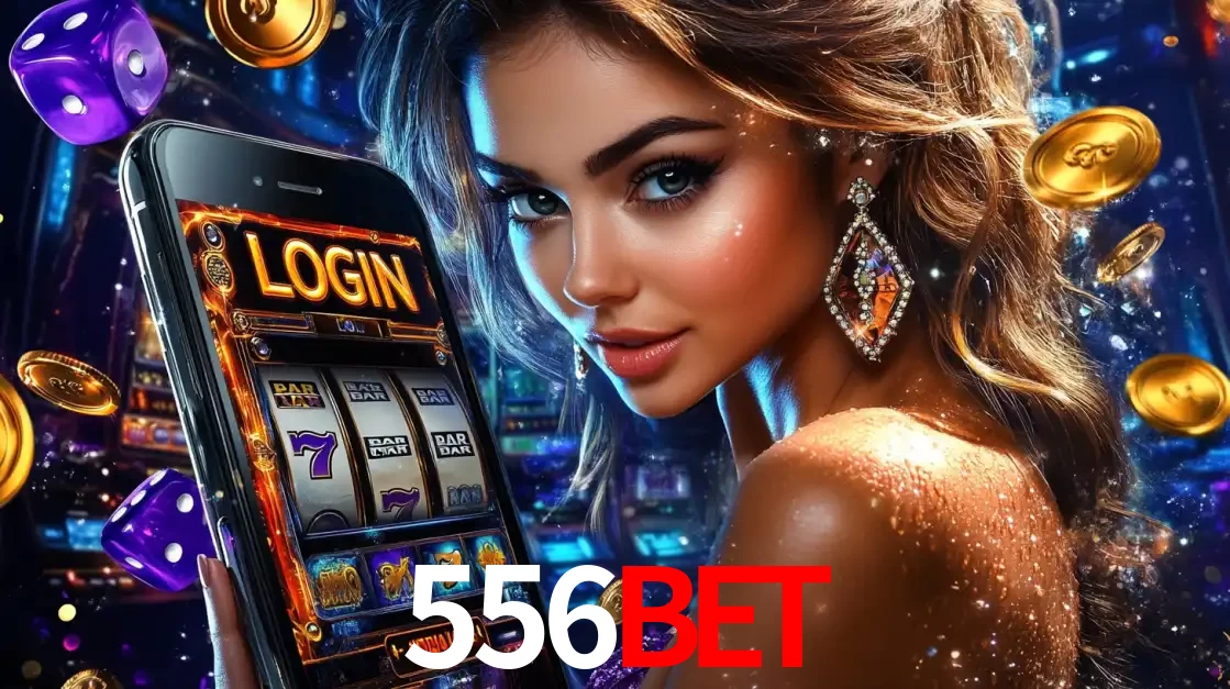 Mulher glamorosa segurando um smartphone com a tela de login para os jogos de caça-níqueis do cassino online 556BET, com moedas de ouro e dados ao redor.