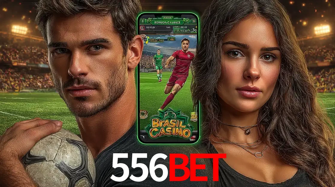 Homem segurando uma bola de futebol e uma mulher ao lado de um smartphone exibindo o jogo de apostas esportivas da 556BET. Faça seu palpite no cassino online.
